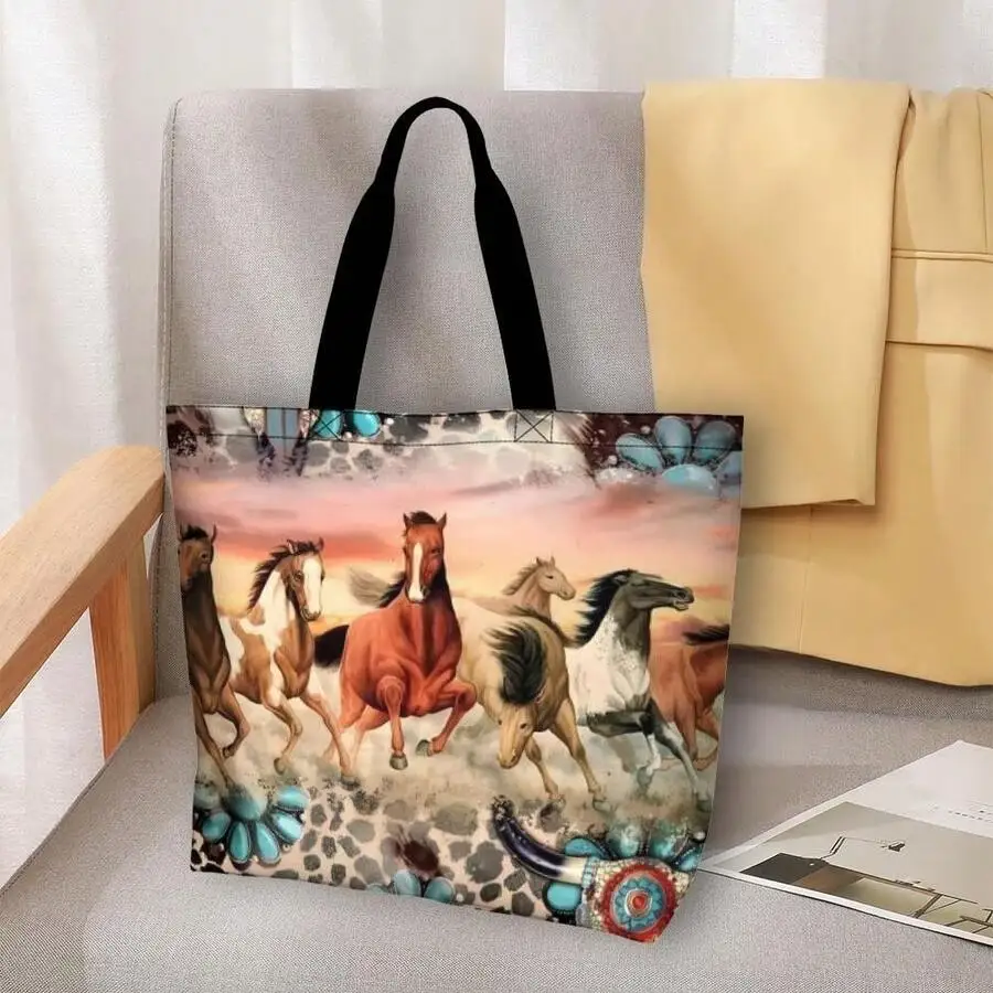 

Western Wild Horses Turquoise Cow Skull Tote Bag Casual Vintage Rodeo Style Shoulder Bag For Adults