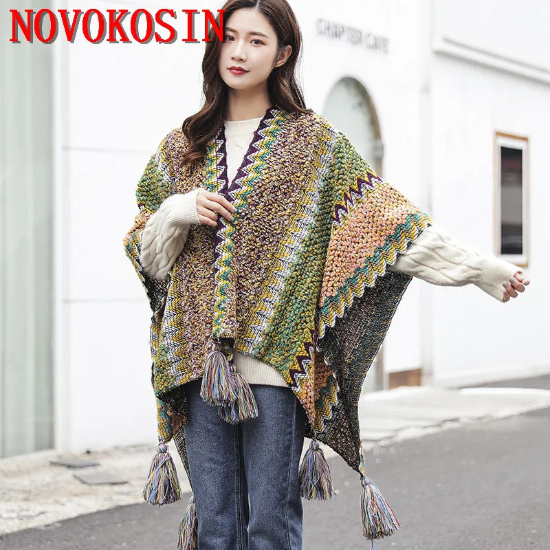 23 Colors Women Cardigan Knitwear Multicolor Stripe Capes Loose Thick Poncho Autumn Knitted Ball Sweater Tassel Outstreet Shawl