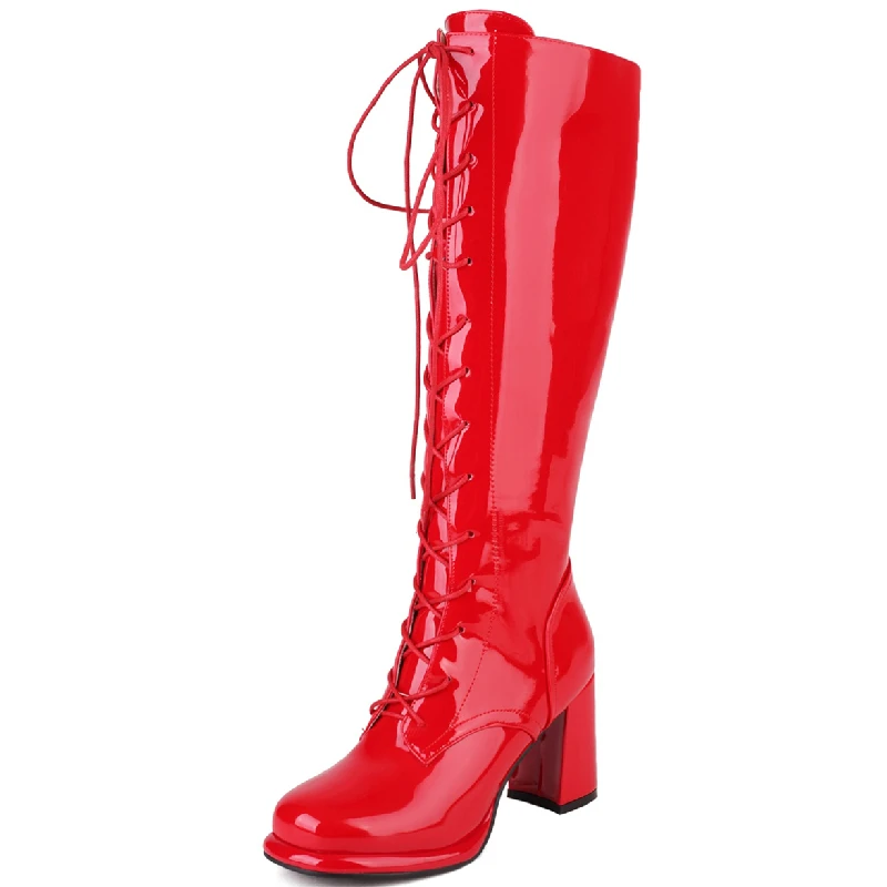 Autumn Winter Women\'s High Boots Black Red White Knee Boot Female High Heels Lace-up Long Tall Party Shoes Lady Large Size 45 48