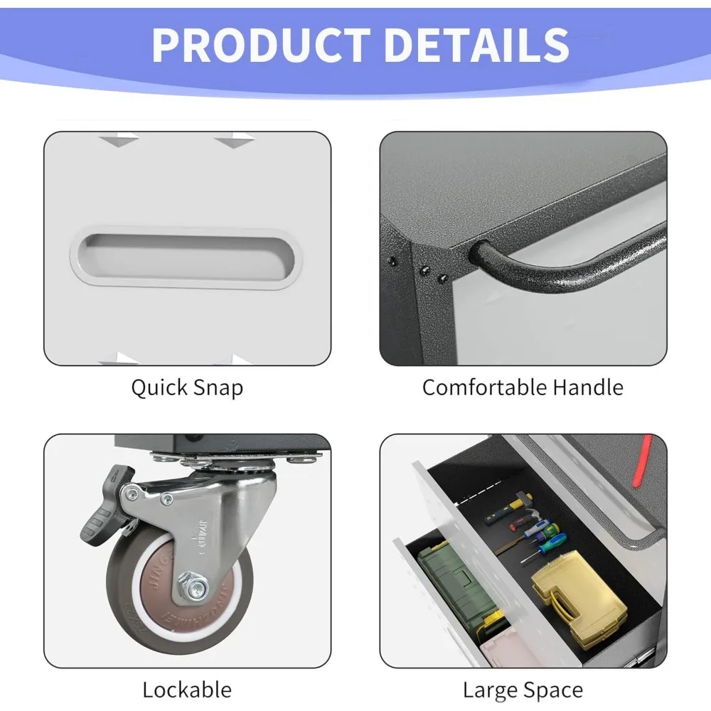 خزانة أدوات فولاذية متنقلة شديدة التحمل وقابلة للقفل مع 3 أدراج لتخزين وتنظيم المرآب