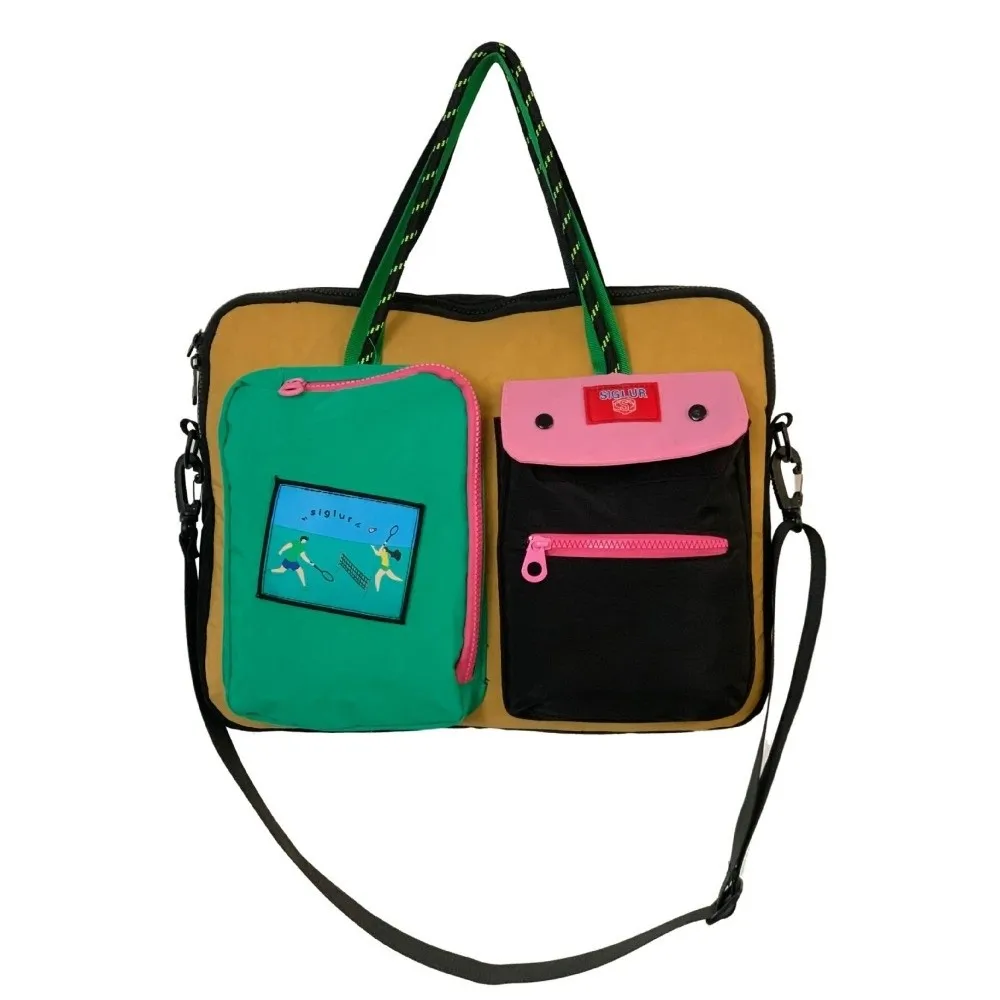 

Casual Contrast Color Computer Bag Canvas Large Capacity Tote Laptop Bag Multi-pockets Portable Travel Bag