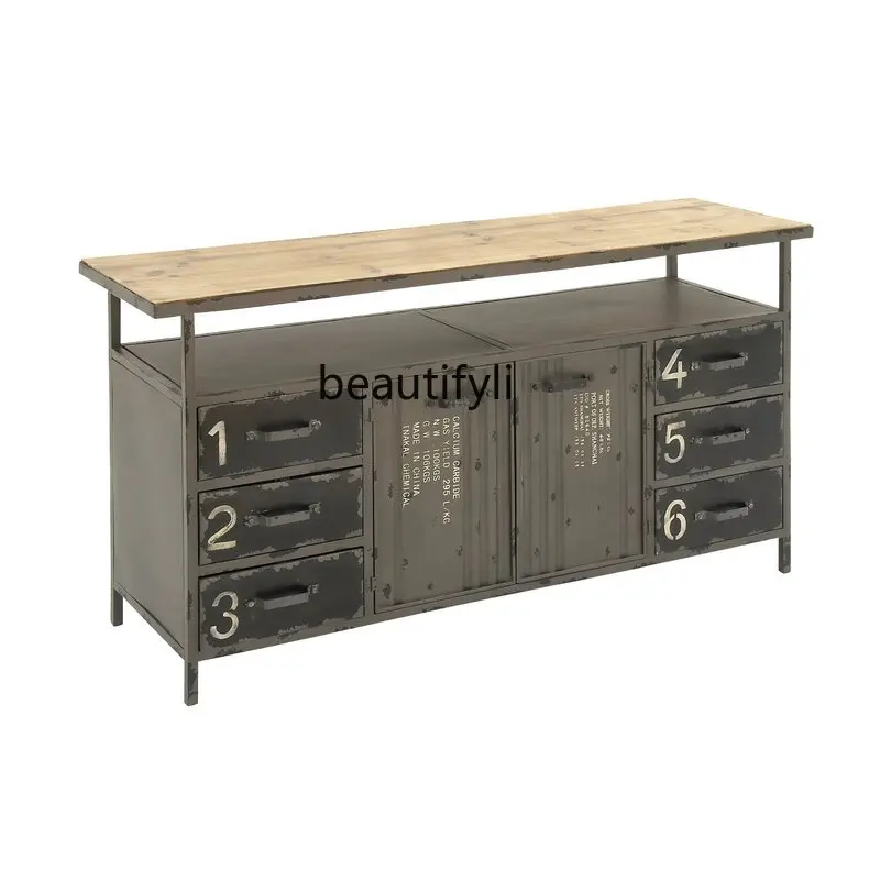 LOFT Industrial Style Sideboard Iron Locker Tea Table Vintage Distressed Restaurant Equipment Sideboard Cupboard Wine Cabinet