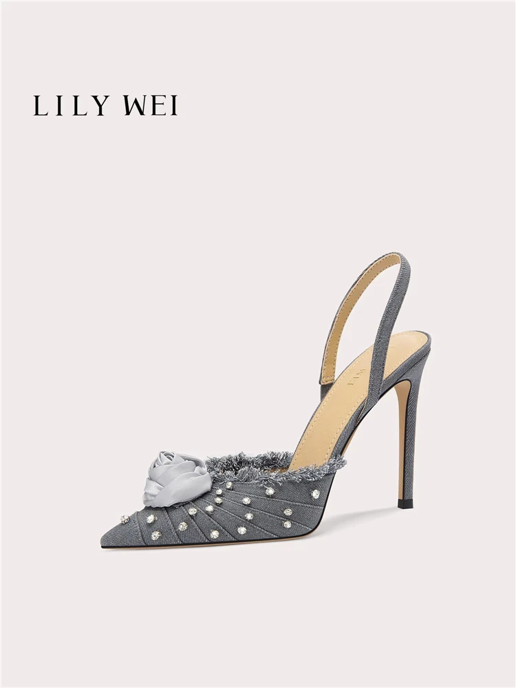 

Spring and summer new pointed denim surface rhinestone satin flower sandals banquet large size small size widened women's shoes
