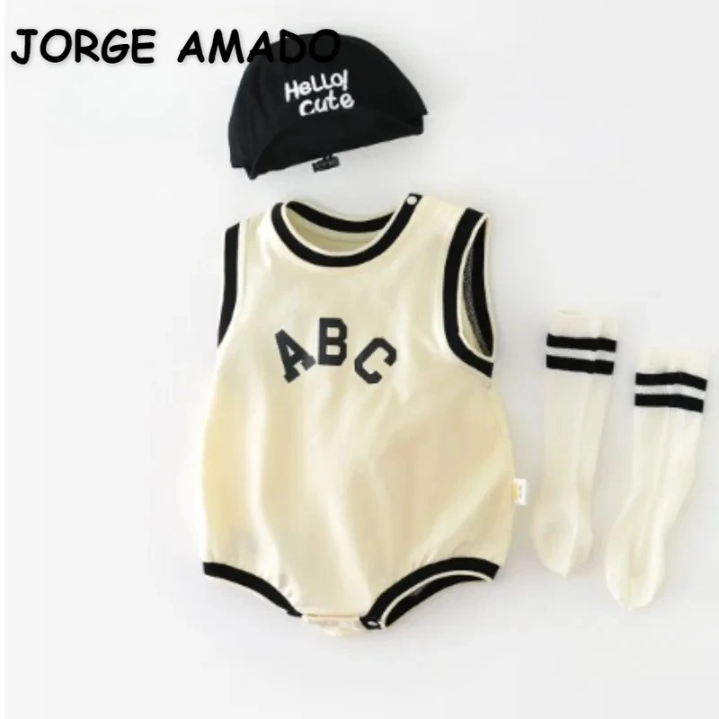 

New Summer Baby Boy Girl Bodysuit Sleeveless Simple Cute Round Collar Letter Print Newborn Jumpsuit Cap Socks H92256