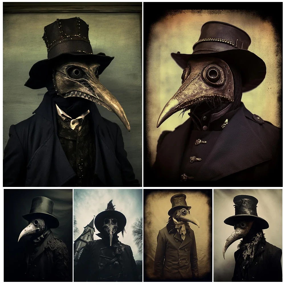 Plague Doctor Vintage Photography Wall Art Canvas Painting,Mysterious Man Wearing Beak Mask Horror Art Poster Print Home Decor