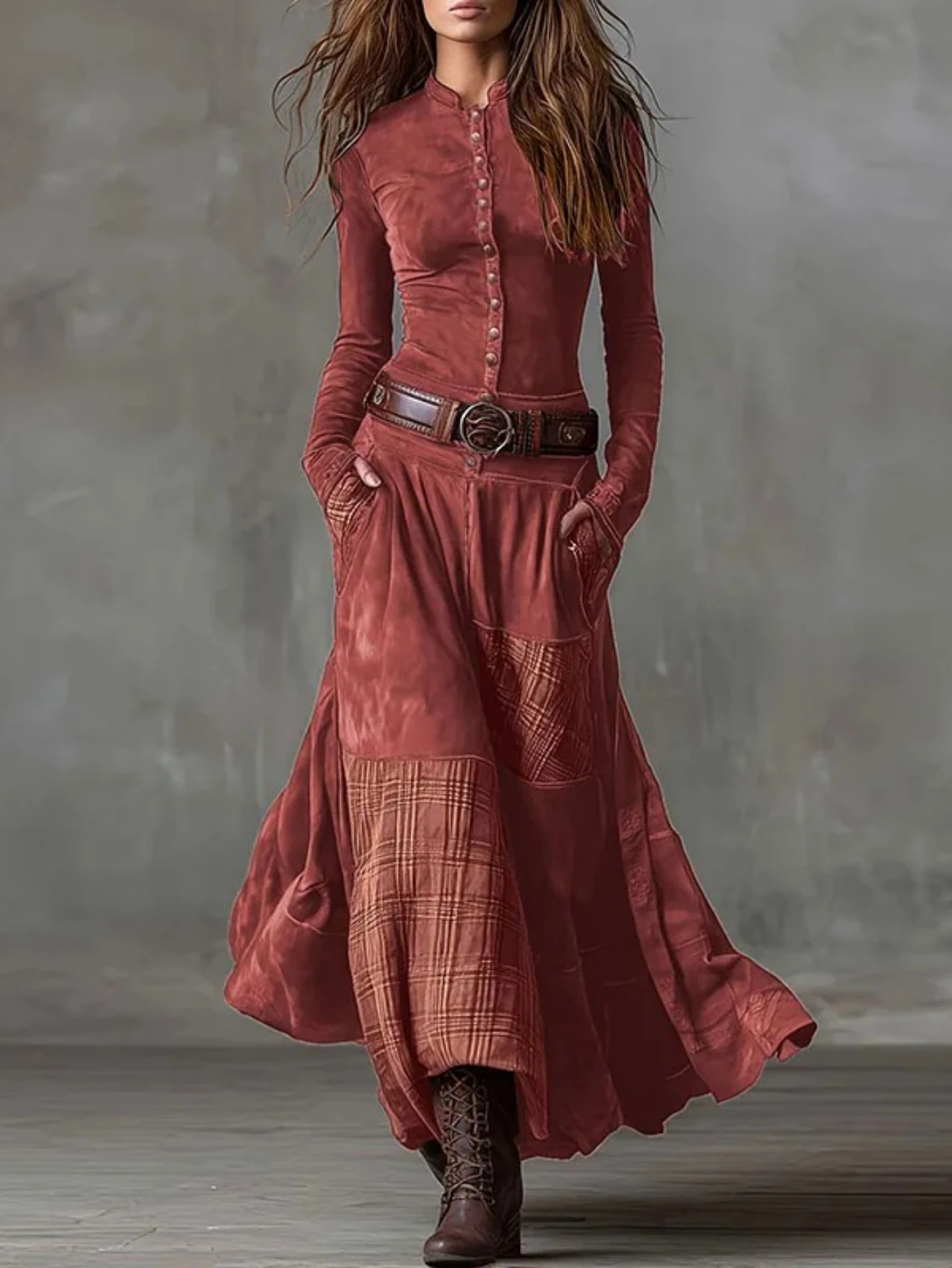 Imitation Suede Patchwork Plaid Print Maxi Dress Woman Stand Collar Button Party Dress Autumn Long Sleeve Pocket Boho Dress