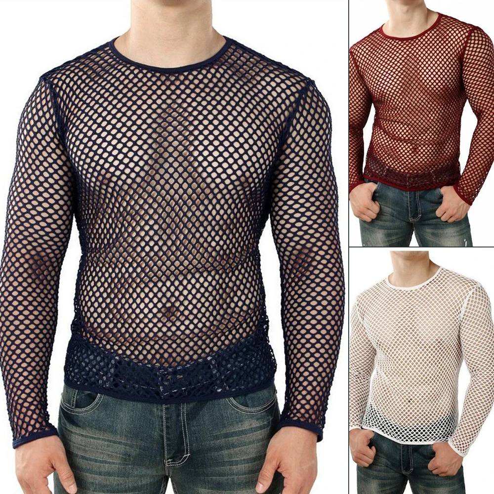 Men Transparent Sexy Mesh T Shirt 2024 New See Through Fishnet Long Sleeve Muscle Undershirts Nightclub Party Perform Top Tees