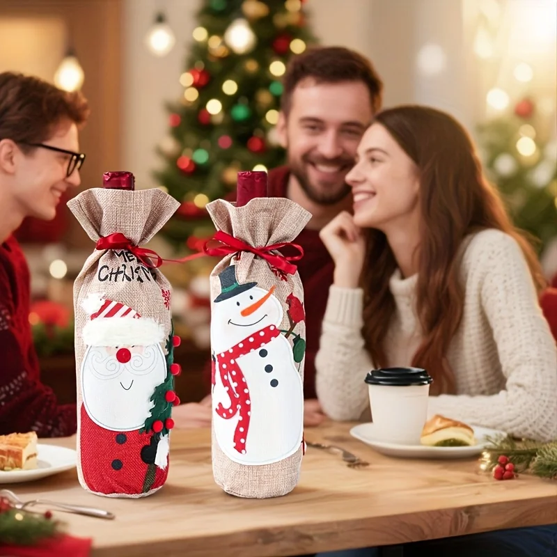 1/2pcs Elegant Christmas Wine Bottle Bags with Snowman & Santa Claus Design  Durable Reusable Wine Bottle Covers for Xmas