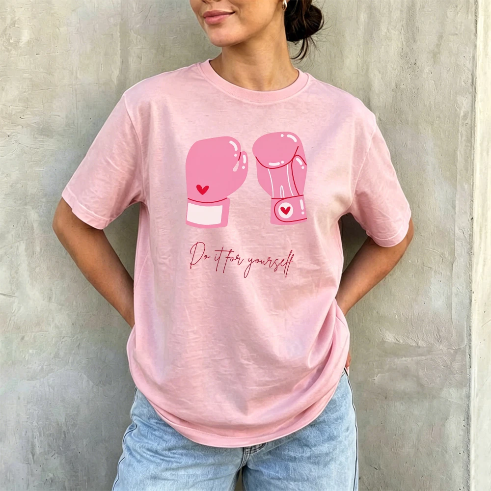 Do It For Yourself Pink Heart Boxing Gloves Women Summer Cotton T Shirt Motivational Minimal Girly Casual Tee