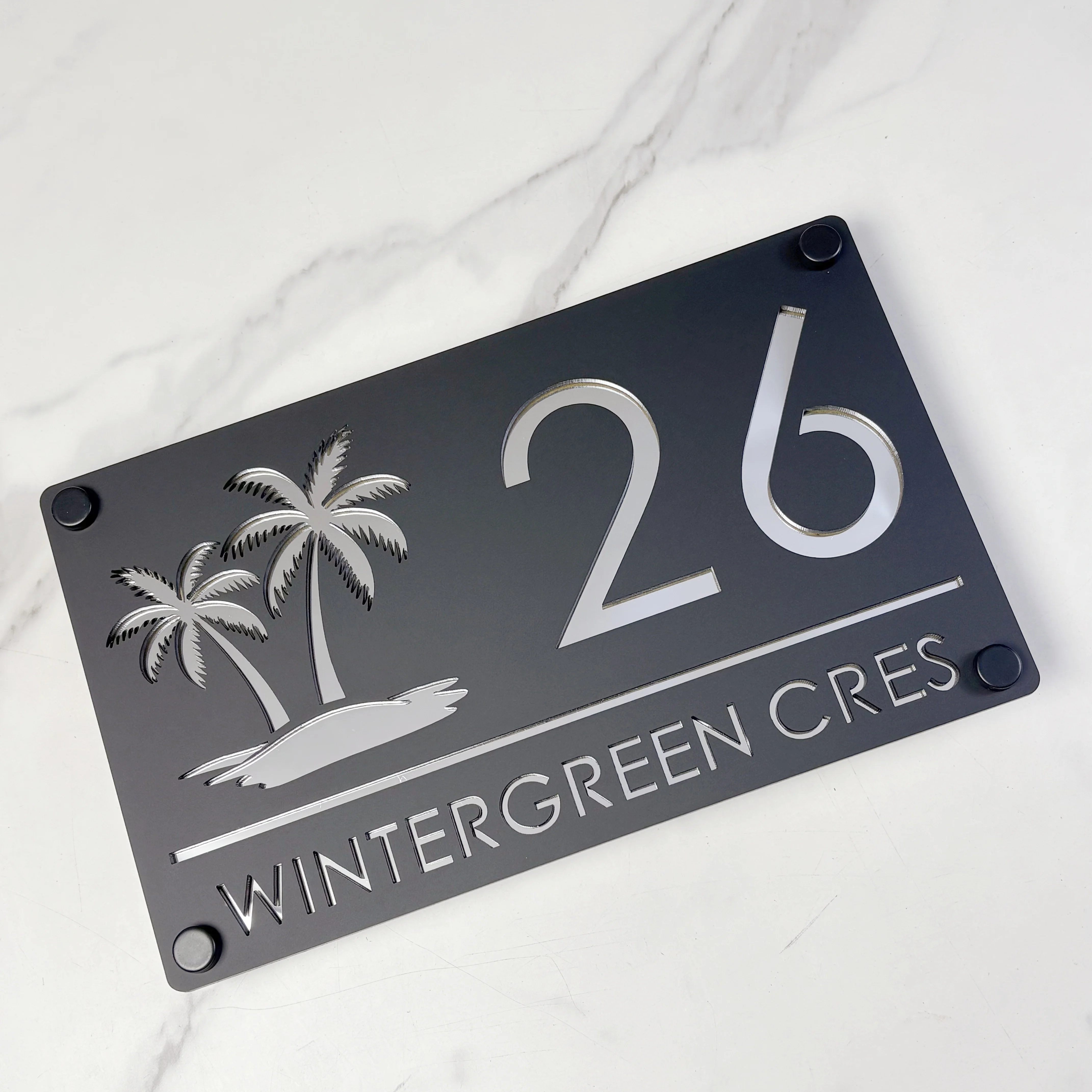 رقم منزل مخصص حديث، علامات باب جدارية خارجية، لوحات عنوان أكريليك مقطوعة بالليزر، هدايا شجرة النخيل