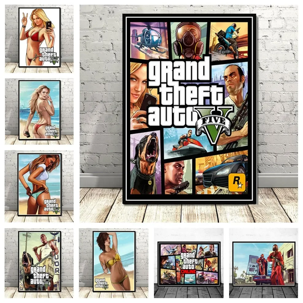 Video Game GTA 5 Grand Theft Auto Art Decor Picture Quality Canvas Painting Home Decor Poster living room Wall Decor