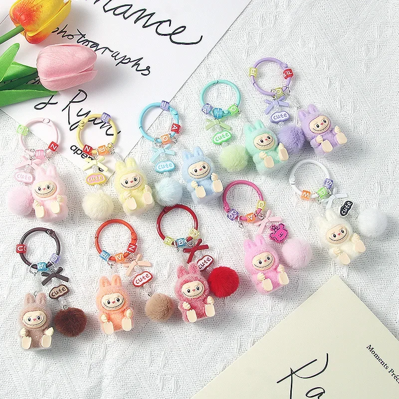 New 8cm Labubu Keychain Doll Couple Keyring Kawaii Cartoon Creative Mobile Phone Bag Pendant Charms Backpack Decoration Gifts