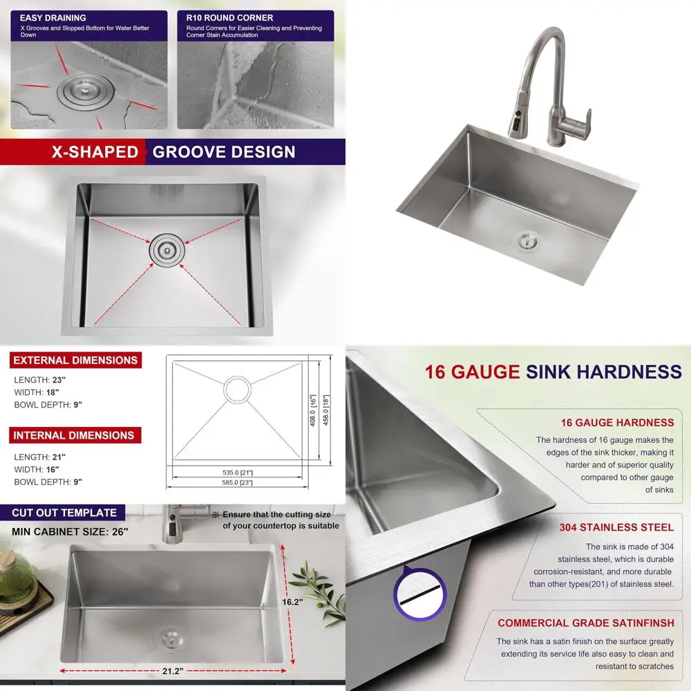 

23 Deep Stainless Steel Undermount Single Bowl Kitchen Sink with Basket Strainer