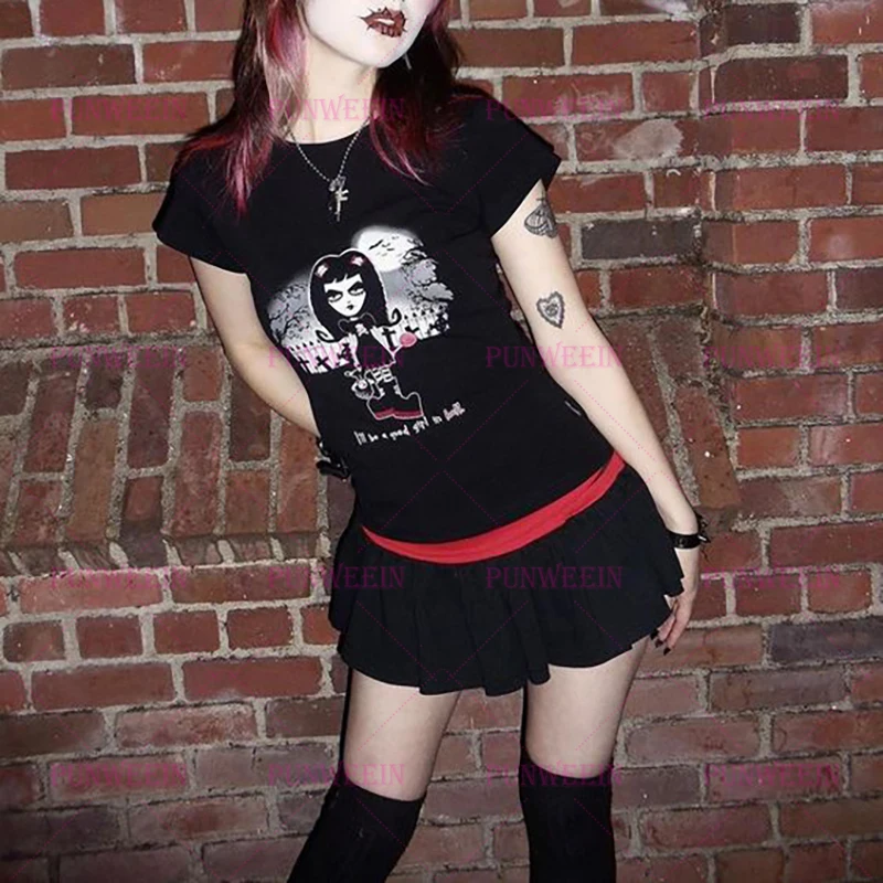 2000s Y2k Gothic Streetwear Graphic Print Casual Women's Grunge T-Shirt Punk Slim Baby Tees Y2k Clothes Emo girls Crop Tops Tops