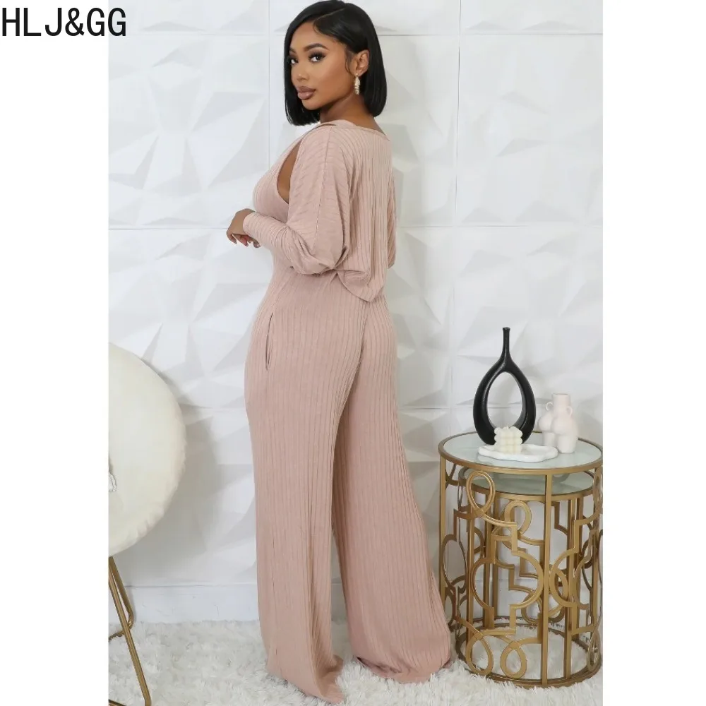 HLJ&GG Casual Ribber Wide Leg Pants One Pieces Jumpsuits Two Piece Sets Women Sleeveless Playsuit And Long Sleeve Top Outfits