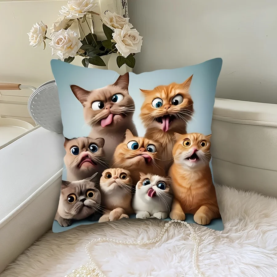 Humorous Cat Themed Pillow Cover Single-side Print for Sofa Car Decor No Insert
