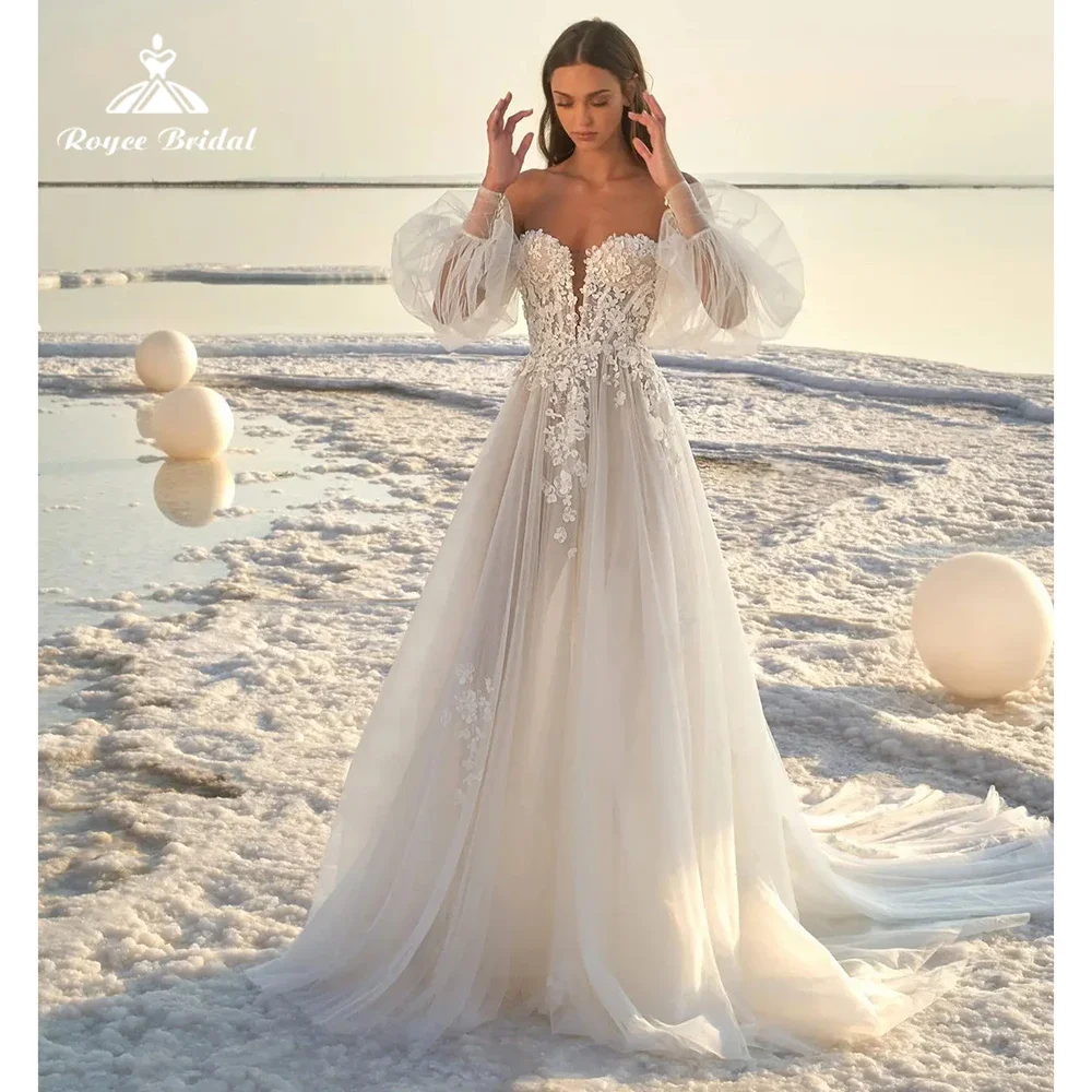 

Roycebridal Sweetheart Lace Applique Tulle A Line Wedding Dress Off shoulder Puff Long Sleeve 2025 Beach Bridal Gowns Customized
