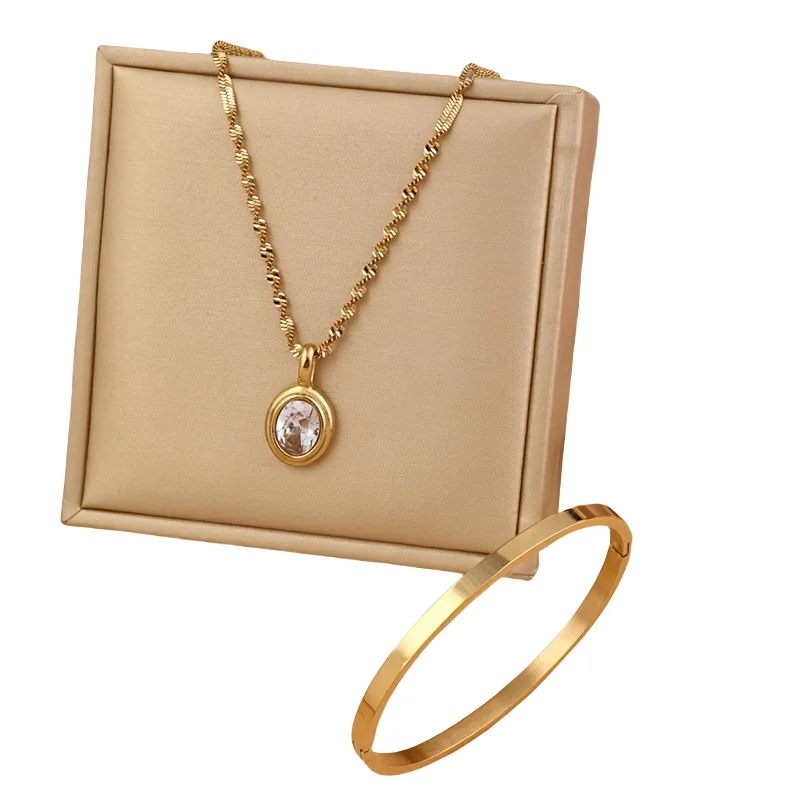

Titanium Steel Jewelry Set: Casting Oval Zircon Pendant Necklace + Minimalist Smooth Titanium Steel Bangle, Fashion jewelry