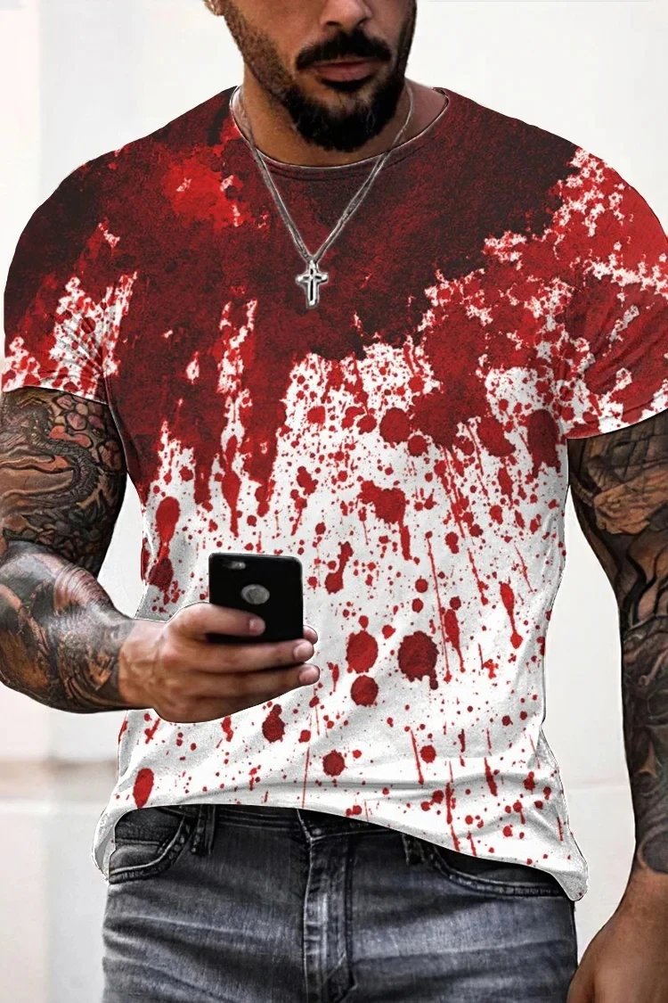 Herren-T-Shirt „Halloween Problem Solved Blood Drip Print“ – Leichtes Kurzarm-T-Shirt mit Rundhalsausschnitt für Feiertagspartys und Freizeit – Detail 3
