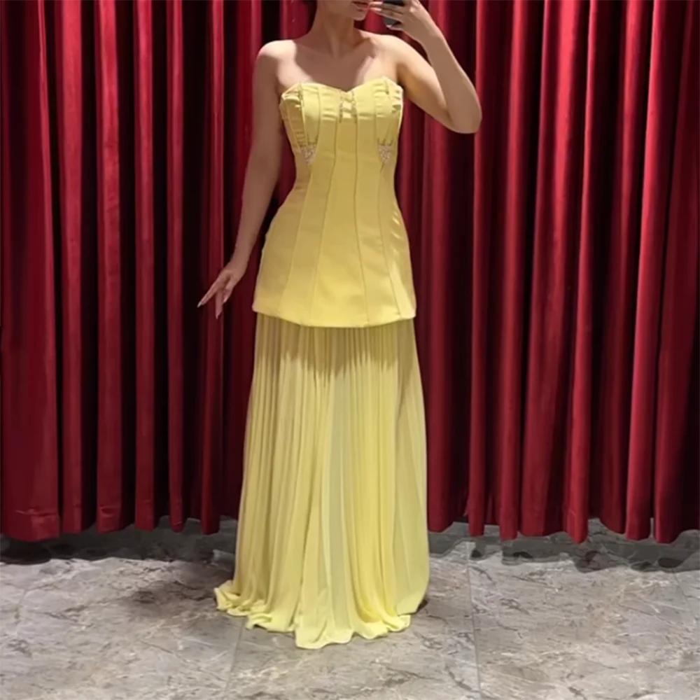 

Customized Strapless Evening Dresses Draped Beading Backless Sleeveless Long Prom Gown Modern Floor-Length Chiffon Party Dress