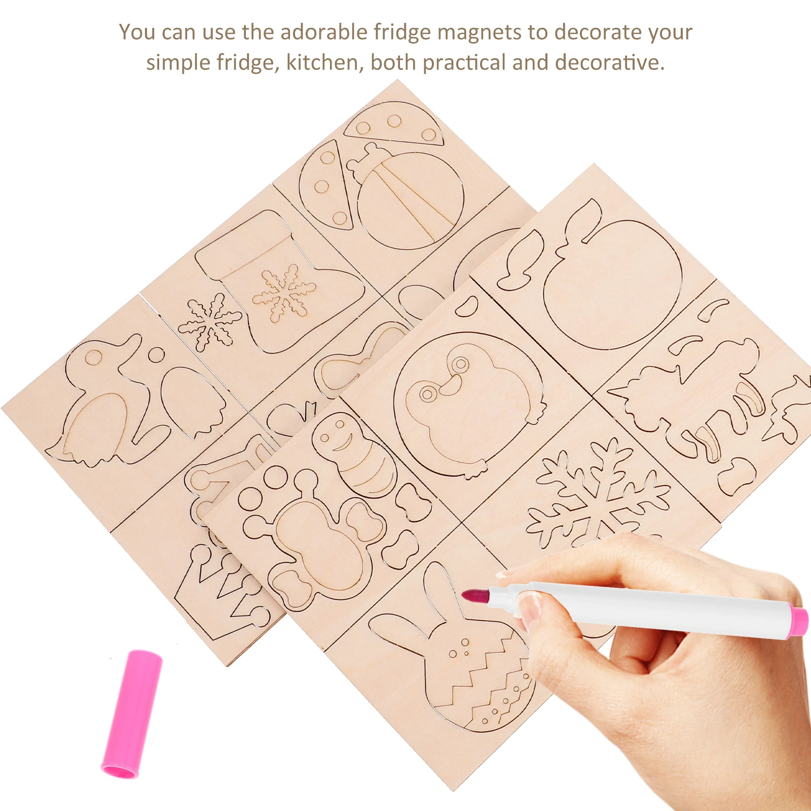 

1 set 1 Set Diy Wooden Fridge Magnets Cartoon Shape Kids Creative Home Refrigerator Decorative Magnet Set Handmade Graffiti Chip