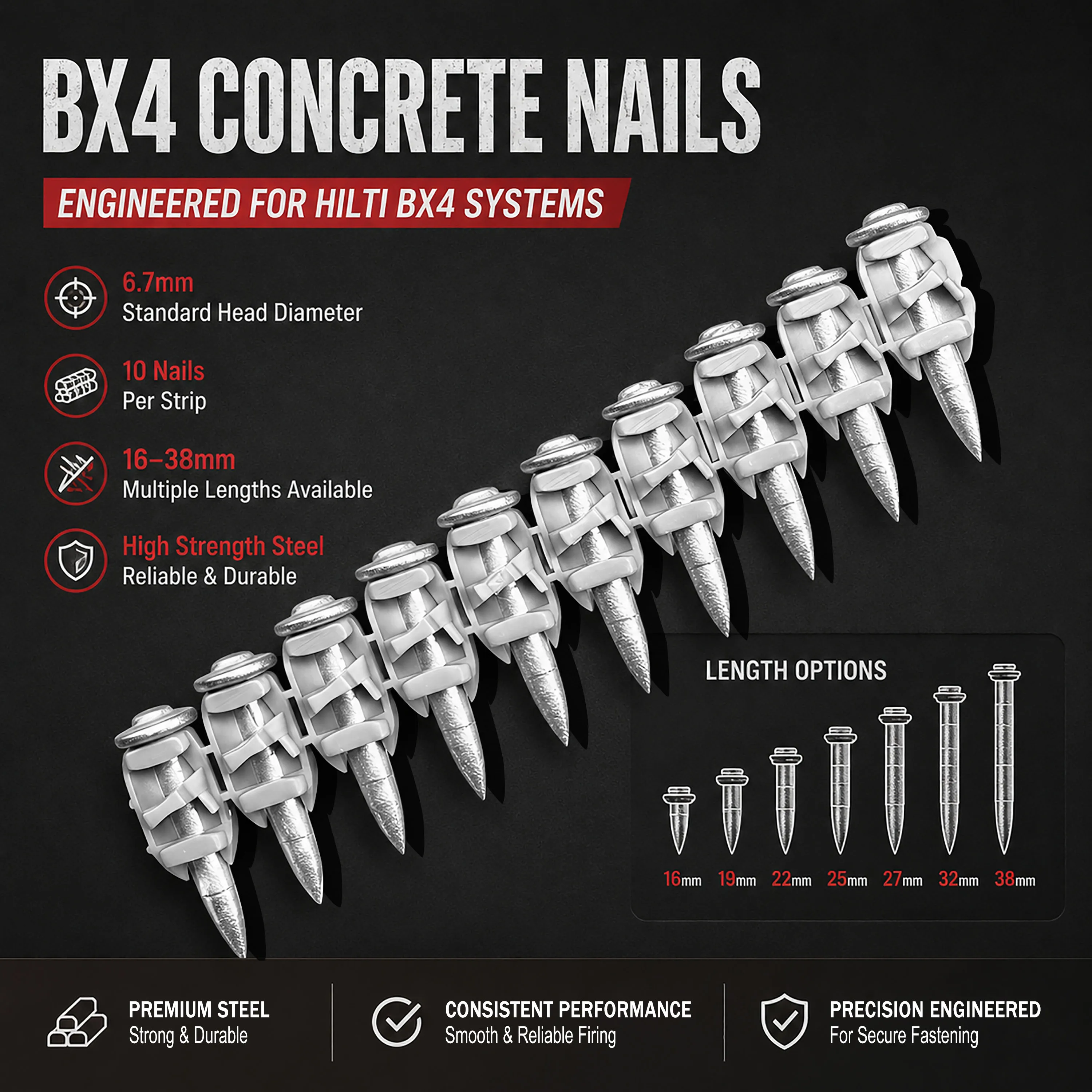 

1000PCS Hilti BX4 Compatible Concrete Nails Heavy Duty Galvanized Steel Strip Nails for Concrete and Steel Fastening