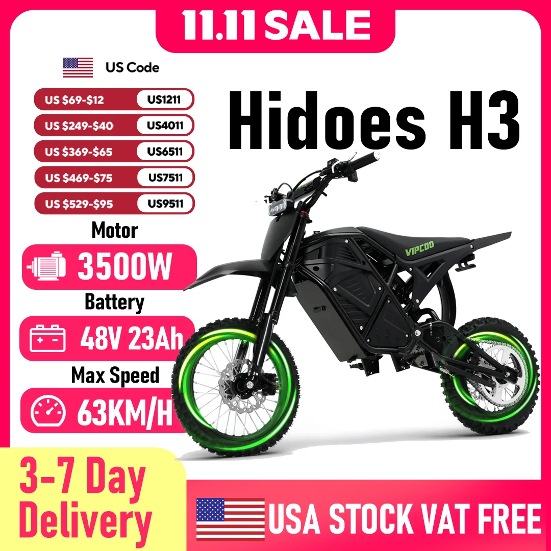 

VIPCOO H3 Электрический мотоцикл 3500 Вт 48 В 23 Ач Съемная батарея 63 км/ч Макс. скорость Диапазон 40-70 км Гидравлические тормоза Электрический велосипед