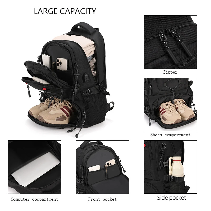 Mochila de escalada USB con zapatos, mochila ligera para ordenador portátil de viaje, mochila para acampar al aire libre, senderismo, mochila escolar deportiva con Collage