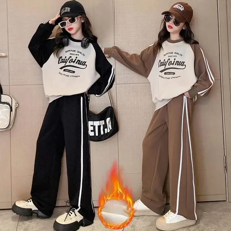 Winter teen Girls clothes Tracksuit set Fleece Thick Warm Sweatshirt+pants 2pcs Children Clothing Suit School Casual Sportswear