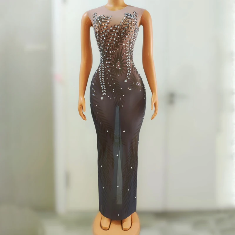 

Sexy Perspective Mesh Party Dress Women Rhinestones Evening Dresses Singer Celebrate Costume Stage Festival Outfit XS6640