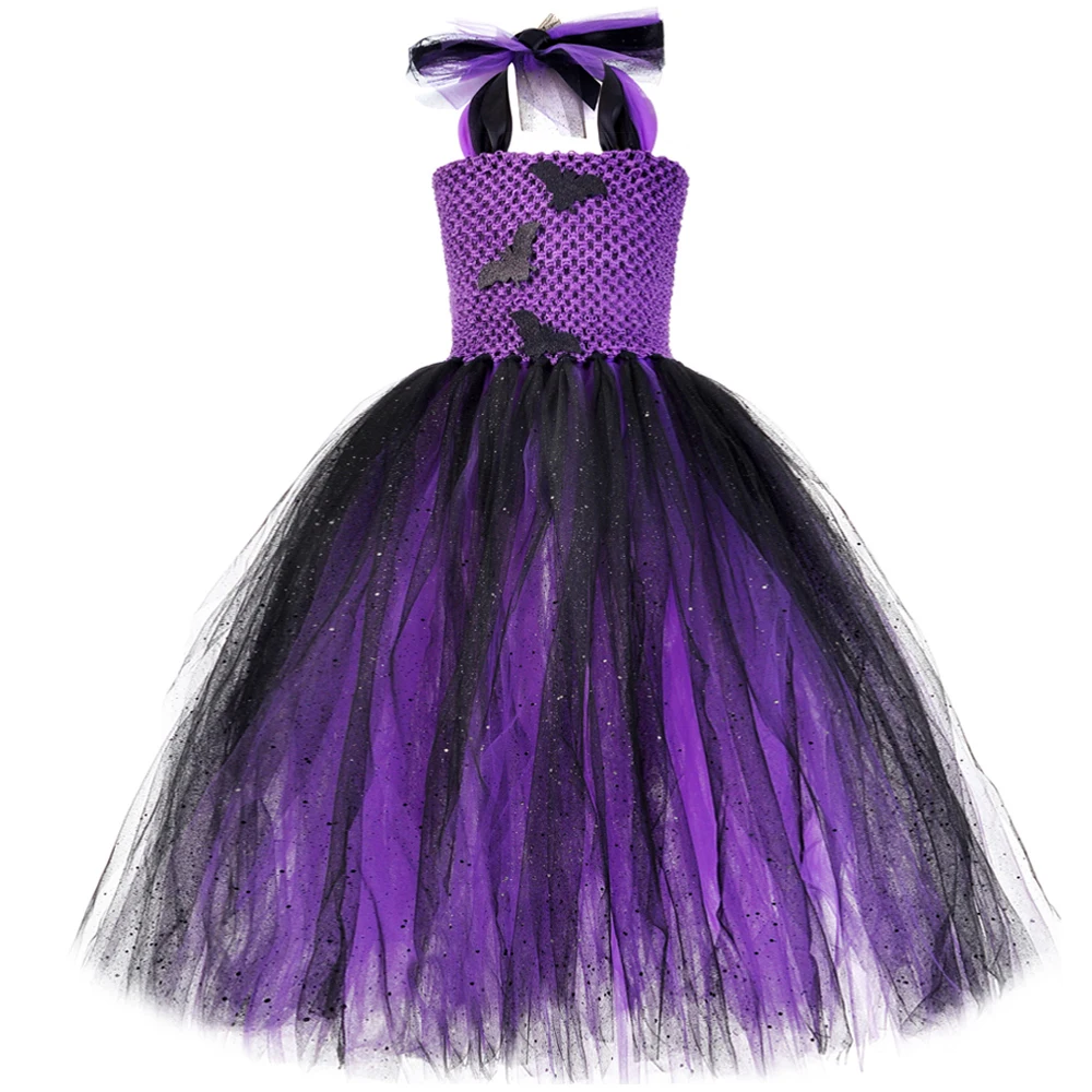 Twinkle Spider Bat Halloween Costumes for Girls Sparkly Purple Black Witch Long Fancy Dresses for Kids Cosplay Outfit Ball Gown