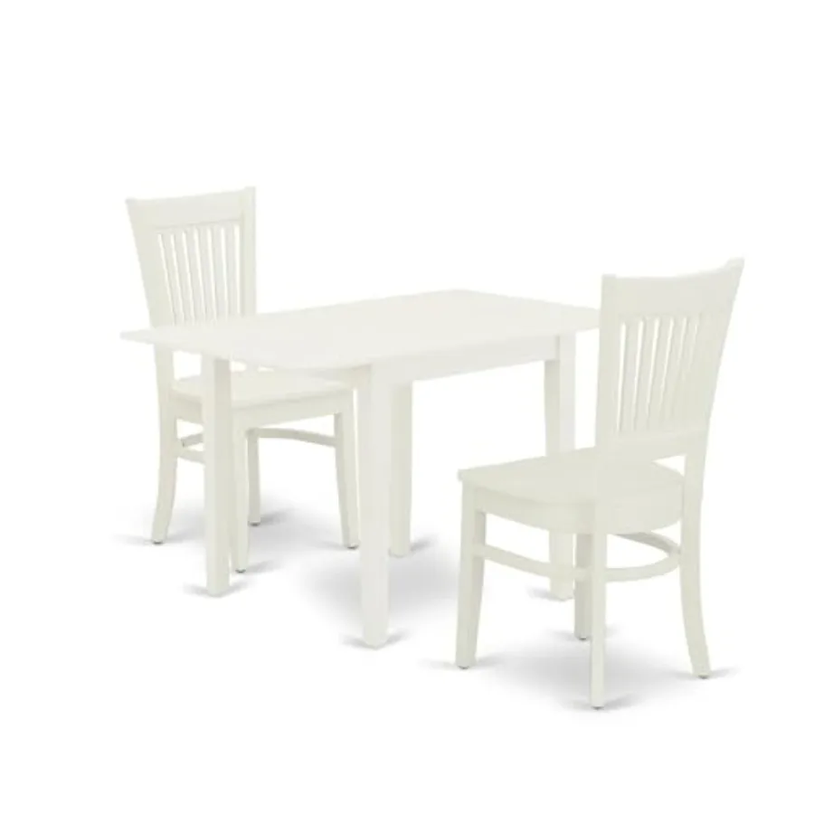 Dining table set for modern dining room: wooden dropleaf table and 2 chairs, 30x48 inch, linen white, space-saving design