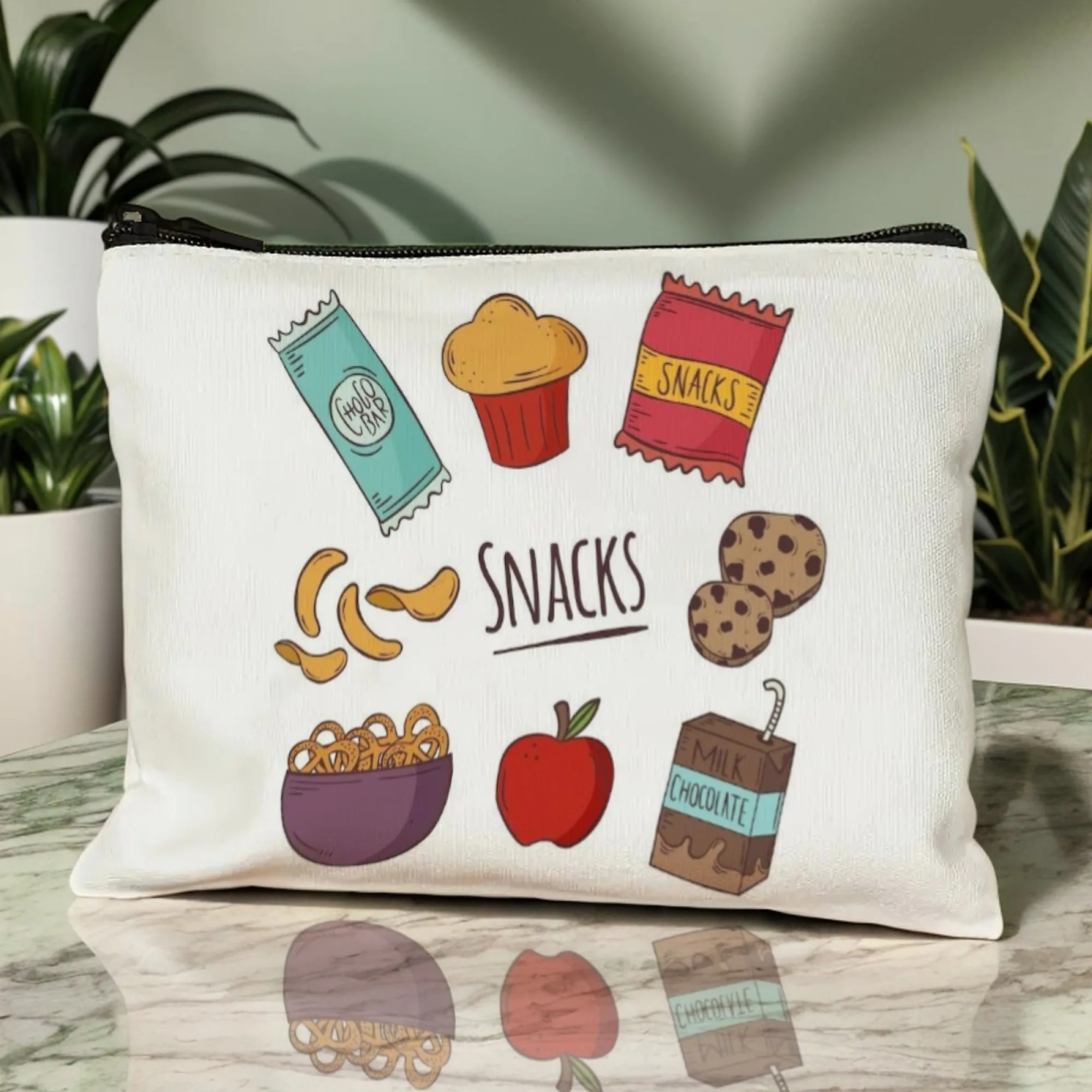 Cute Snack-themed Pattern Print Cosmetic Bag Milk Cookie Apple Potato Chips Cupcake Blooms & Sprinkle Details Beauty Storage