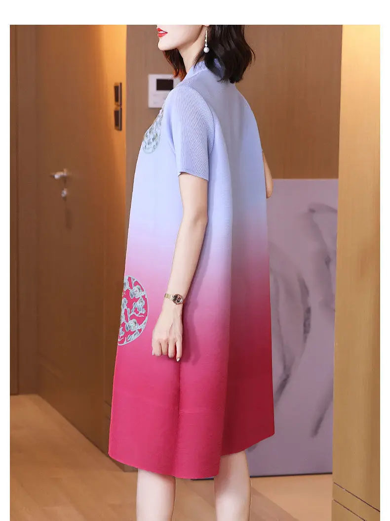 Printed pleated dress 2024 summer new light luxury gradient color loose fit  long dress  summer  women  LOOSE