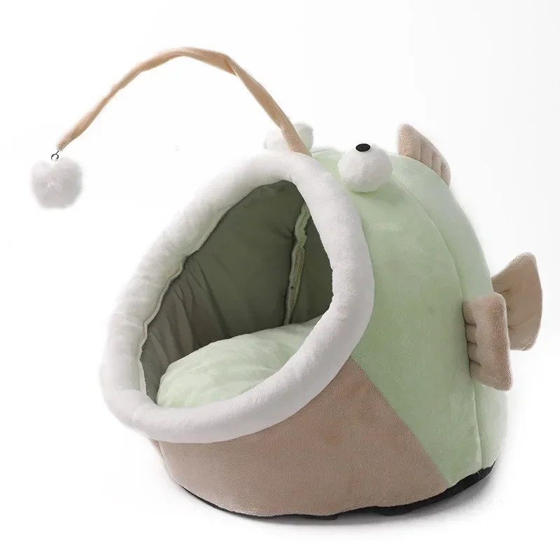 Multifunctional winter cat nest Lantern Fish Cat House Semi-closed deerskin velvet small dog kennel Warm and comfortable