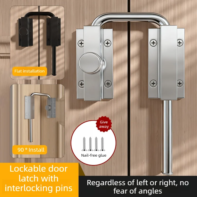 1PCS with a Lock Stainless Steel Door Latch Lock Silver, Black 90/180 Degree Gate Latch Safety Thickened Door Buckle for Fences