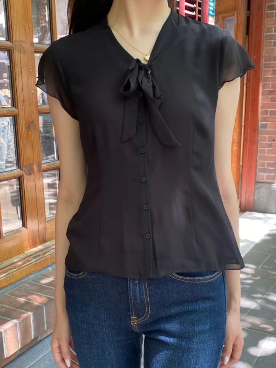 

Black Mesh See Through T-shirt Blouse Women Lace-up V Neck Short Sleeve Tee Shirts Summer Simple Casual Basic Thin Tops Tshirts