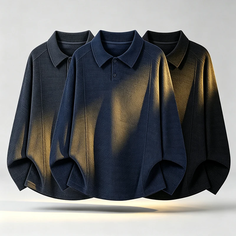 Herren-Poloshirt mit strukturierter Oberfläche, langen Ärmeln, Reverskragen, lockerer, übergroßer Passform, lässig, für den täglichen Gebrauch, einfarbig, modische Oberteile für Herren. – Detail 3