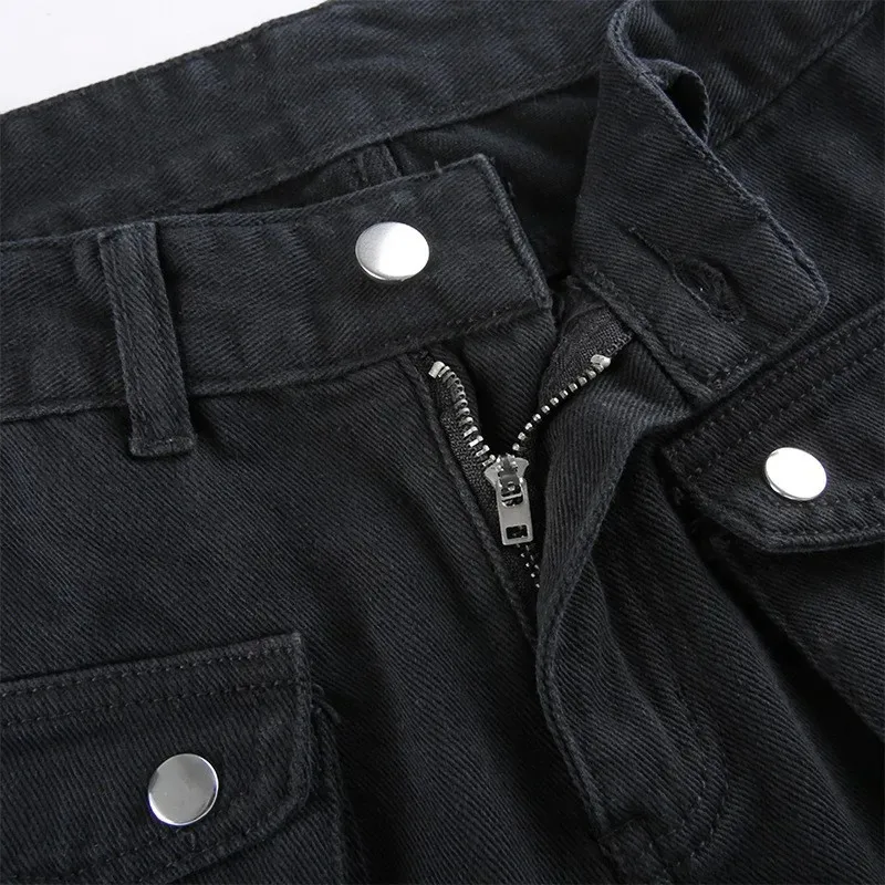 Metal Button High Waisted Straight Leg Jeans Drop Crotch Trousers Streetwear Hip Hop Fashion Y2K Cargo Denim Pants for Women