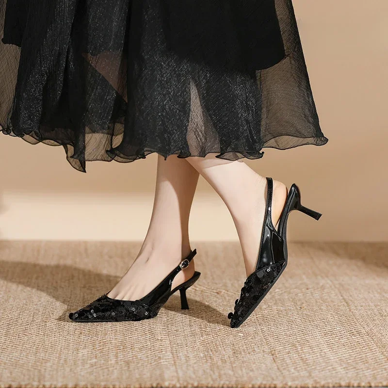 New style sequin pointed one line strap single shoes, women's style slim heel high heels, wrapped sandals