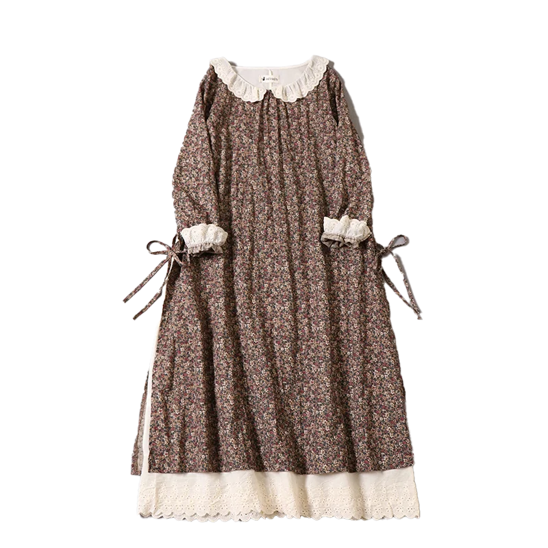 Vestido estampado floral estilo vintage japonês feminino, camadas de algodão manga longa, vestido midi bordado, outono