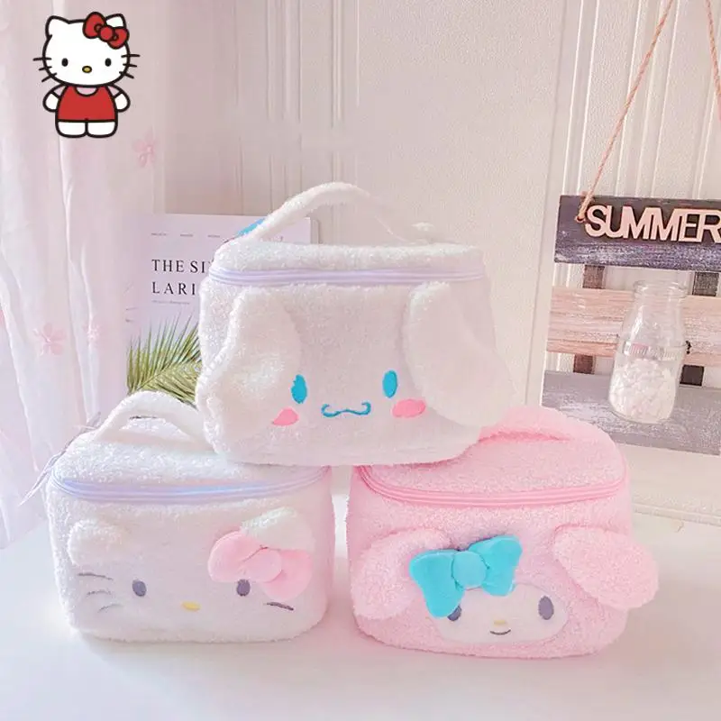 

Kawaii Anime MINISO Hello Kitty My Melody Cinnamonroll Cartoon Plush Travel Makeup Bag Zipper Toiletries Organizer Girls Gift