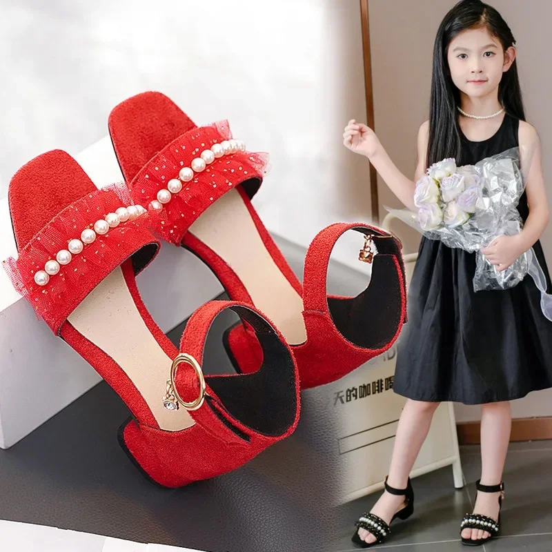 

Girls' High Heels Chic Roman Shoes 2024 Summer New Fashion Korean Open Toe Children's Sweet Sandals for Primary School Students