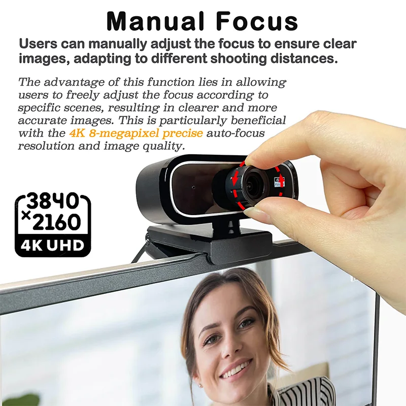 EXHQDR UHD 4K USB Webcam, New Upgraded Model with 120° Wide-Angle Lens and Manual Focus. This plug-and-play computer peripheral