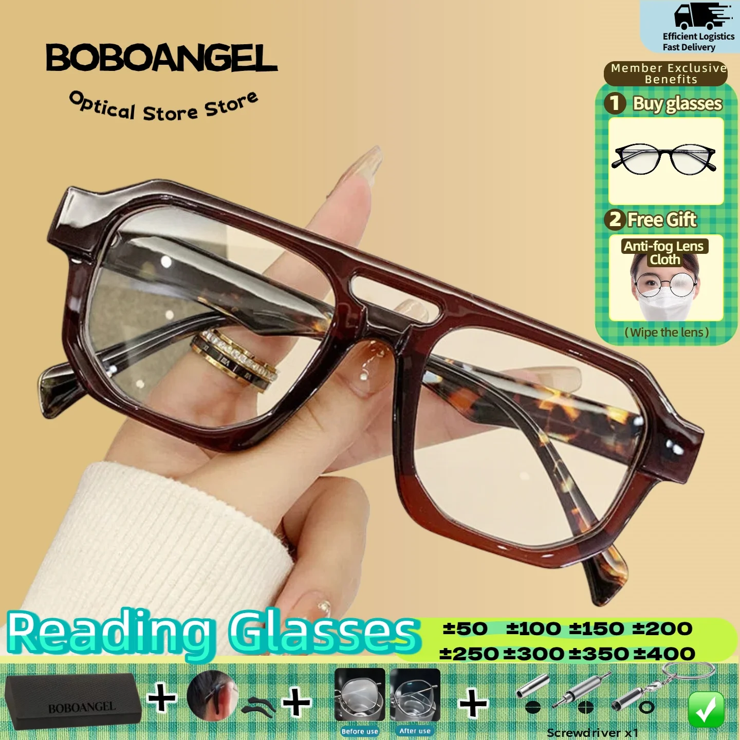 

BOBOANGEL New Large pilot Frame Myopia Optical Prescription Glasses Women Square Blue Light Filter UV Protection Eyeglasses