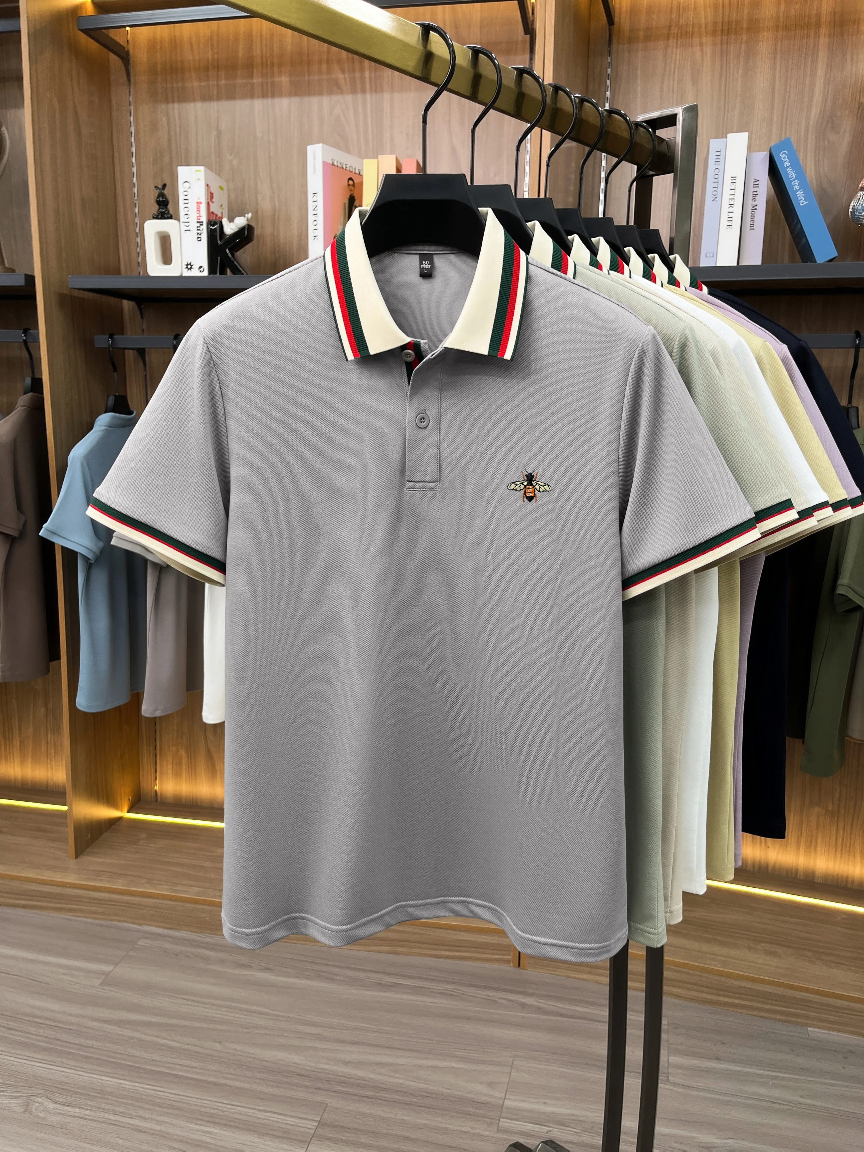 High-End Seide Baumwolle Kurzarm Herren POLO Shirt Sommer Mode Marke Boutique Bienen Stickerei Freizeit Business Flip-up T-Shirt – Detail 15