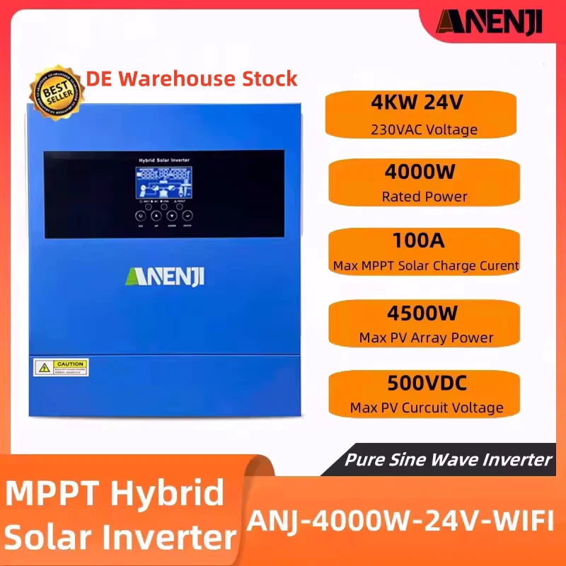 Hybrydowy falownik solarny 4KW 24V Fotowoltaiczny falownik hybrydowy 230VAC Max PV 60-500V Wbudowana ładowarka słoneczna MPPT 100A z WIFI