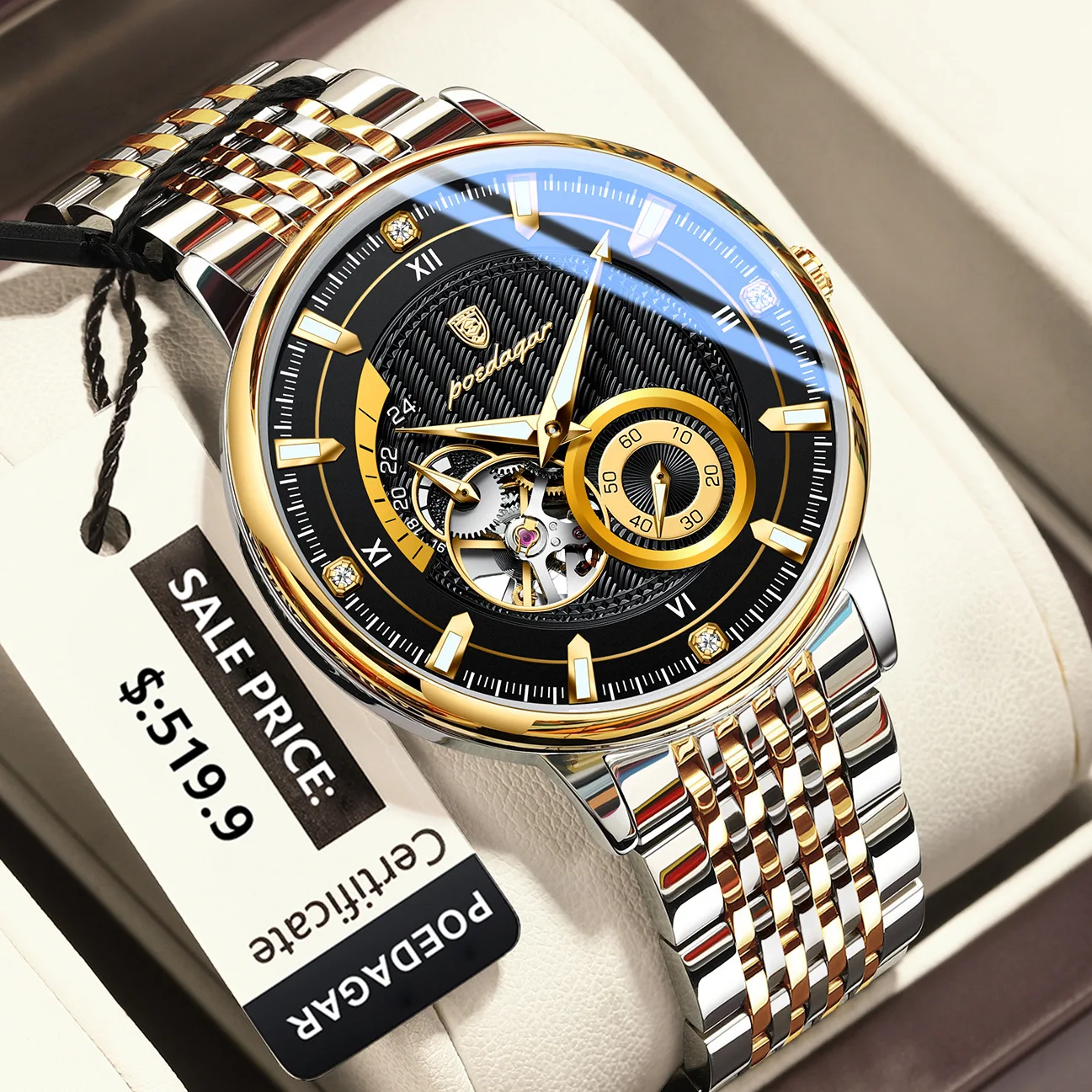 Men's Skeleton Automatic Mechanical Watch Two-tone Stainless Steel Band Luxury Hollow Wristwatch