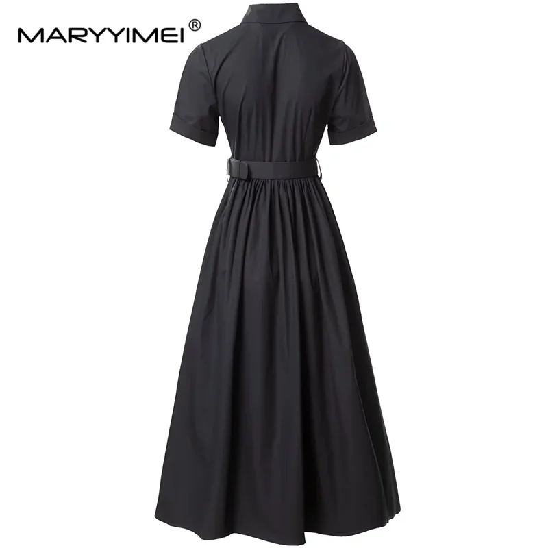 MARYYIMEI Summer Women\'s Dress Turn-Down Collar Short-Sleeved High waist Lace-Up Single-Breasted Cotton Vintage Dresses