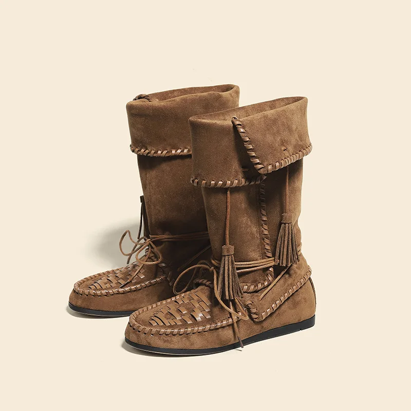 Women Retro Western Tassel Mid‑Calf Stackable Boots 2026 Fall Winter Round Toe Lace‑Up Fringe Decoration Slip‑On Sleeve Style387